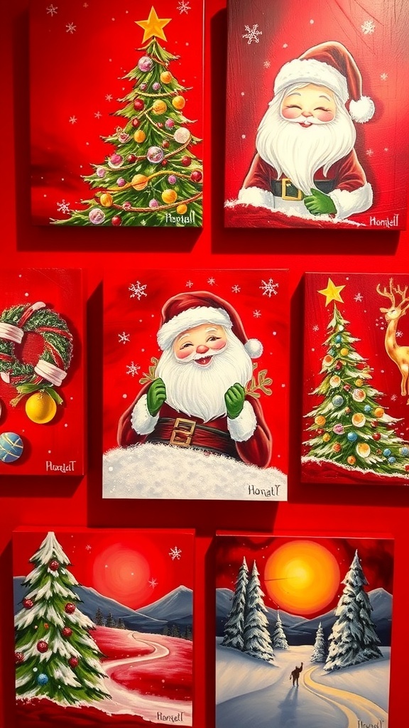 A collection of Christmas paintings with red backgrounds, featuring a Christmas tree, Santa Claus, and winter scenes.